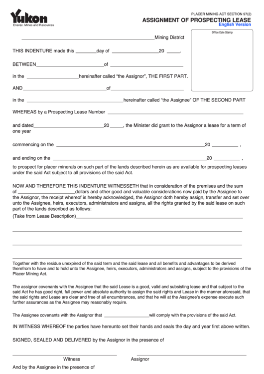 Fillable Assignment Of Prospecting Lease Form Printable pdf