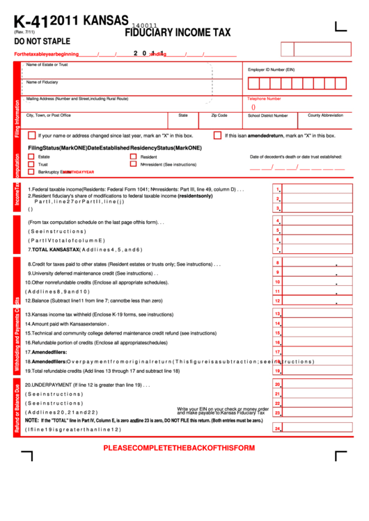 Form K-41 - Kansas Fiduciary Income Tax - 2011 Printable pdf