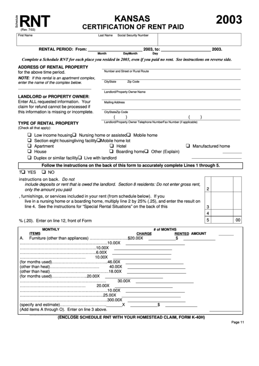 Schedule Rnt - Kansas Certification Of Rent Paid - 2003 Printable pdf
