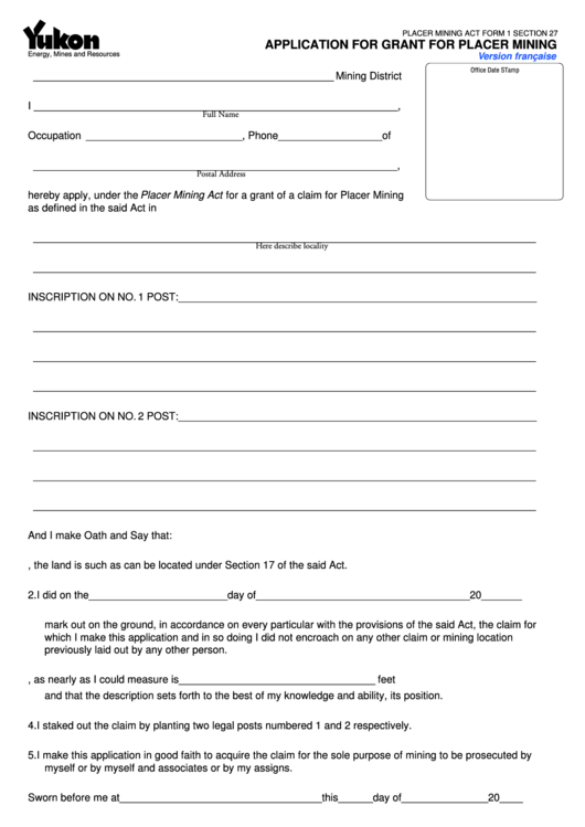 Fillable Application For Grant For Placer Mining Form Printable pdf