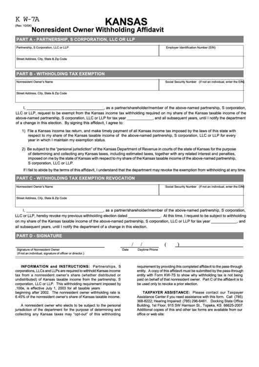 Form K W-7a - Kansas Nonresident Owner Withholding Affidavit Printable pdf