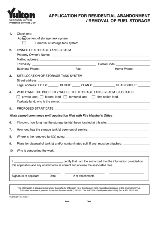 Fillable Application For Residential Abandonment/removal Of Fuel Storage Form Printable pdf