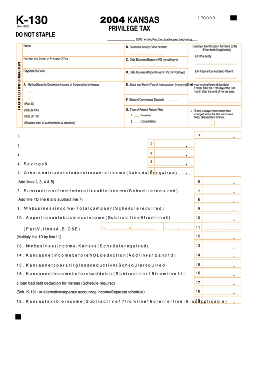 Form K-130 - Kansas Privilege Tax - 2004 Printable pdf