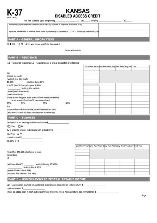 Form K-37 - Disabled Access Credit Printable pdf