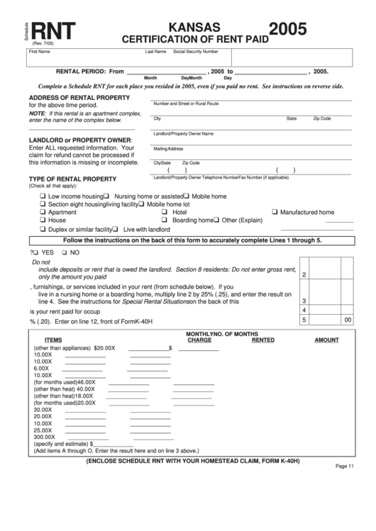 Schedule Rnt - Kansas Certification Of Rent Paid - 2005 Printable pdf