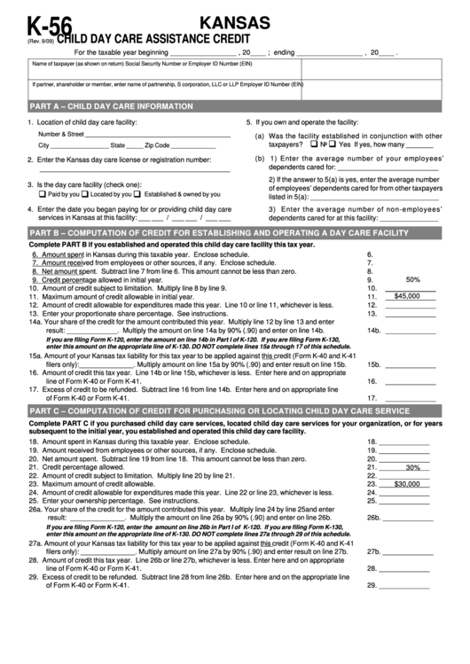 Form K-56 - Kansas Child Day Care Assistance Credit 2009 Printable pdf
