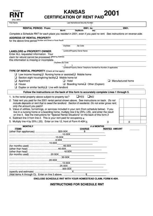 Schedule Rnt - Kansas Certification Of Rent Paid - 2001 Printable pdf