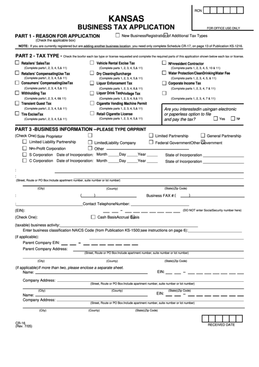 Form Cr-16 - Business Tax Application - Kansas Printable pdf