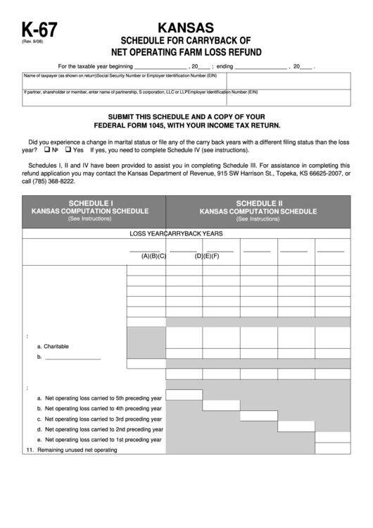 Form K-67 - Schedule For Carryback Of Net Operating Farm Loss Refund - Kansas Printable pdf