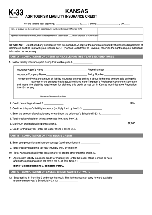 Form K-33 - Kansas Agritourism Liability Insurance Credit Printable pdf