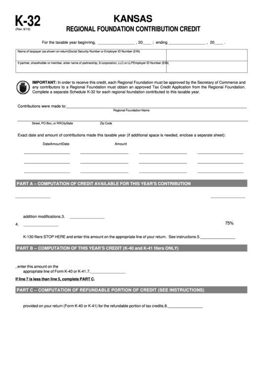 Form K-32 - Regional Foundation Contribution Credit - Kansas Printable pdf