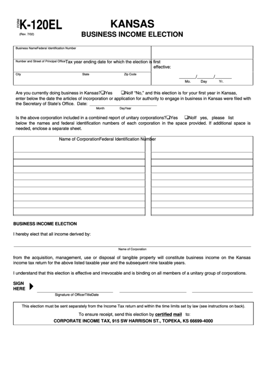 Form K-120el - Business Income Election - Kansas Printable pdf