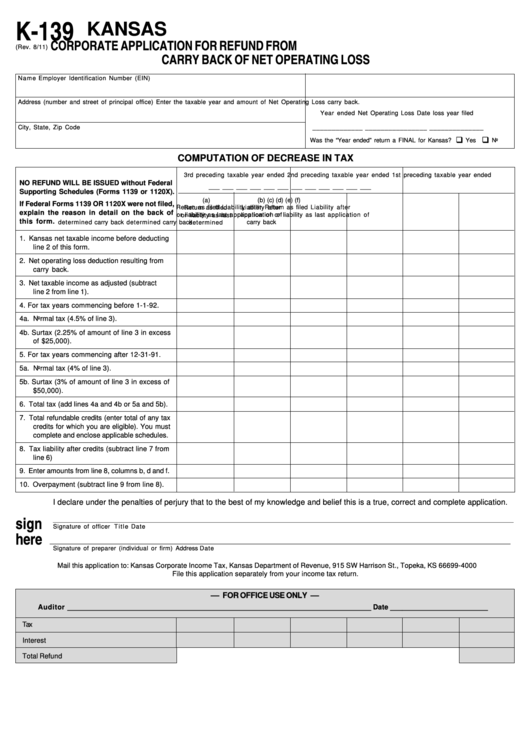 Form K-139 - Corporate Application For Refund From Carry Back Of Net Operating Loss Printable pdf