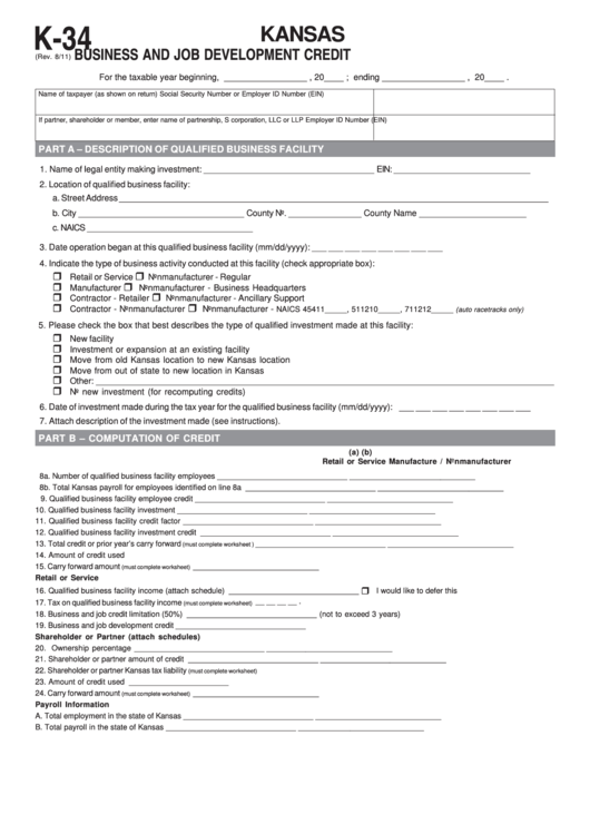 Fillable Form K-34 - Business And Job Development Credit Printable pdf