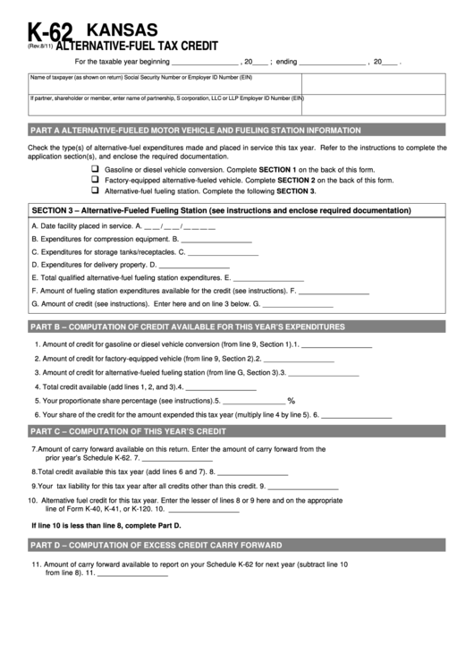 Form K-62 - Alternative-Fuel Tax Credit - Kansas Printable pdf