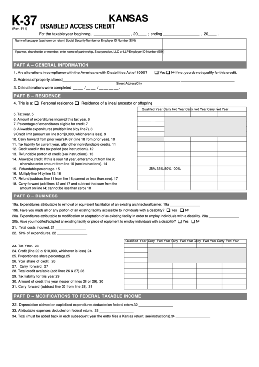 Form K-37 - Disabled Access Credit - Kansas - 2011 Printable pdf