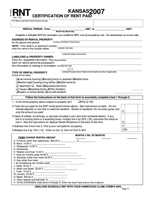 Schedule Rnt - Kansas Certification Of Rent Paid - 2007 Printable pdf