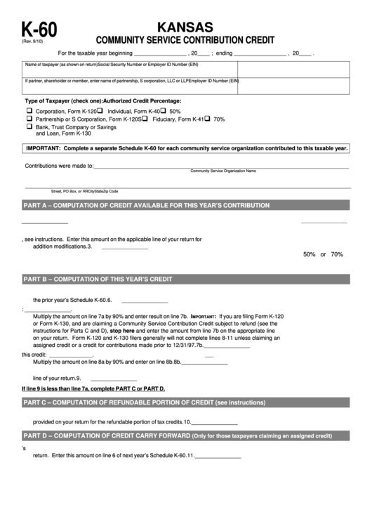 Form K-60 - Community Service Contribution Credit Printable pdf
