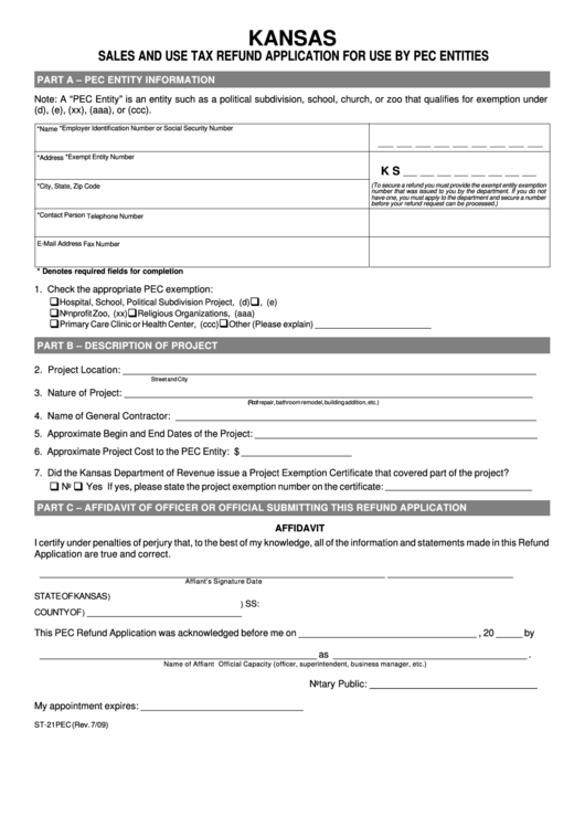 Form St-21pec - Sales And Use Tax Refund Application For Use By Pec Entities Form - Kansas Printable pdf