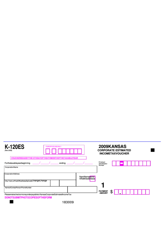 Form K-120es - Corporate Estimated Income Tax Voucher 2009 - Kansas Printable pdf