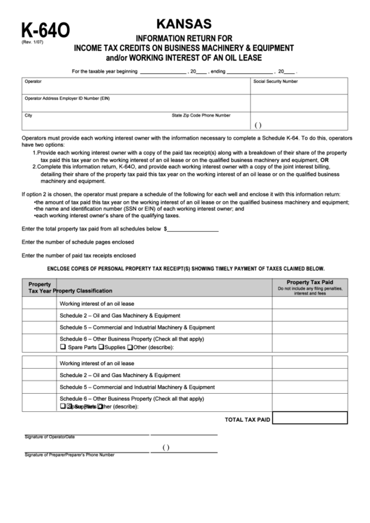 Form K-64o - Information Return For Income Tax Credits On Business Machinery & Equipment And/or Working Interest Of An Oil Lease - Kansas Printable pdf