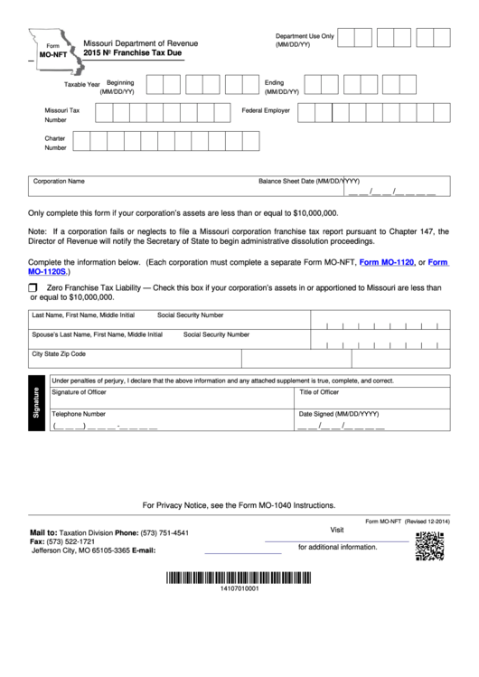 Fillable Form Mo-Nft - No Franchise Tax Due - 2015 Printable pdf