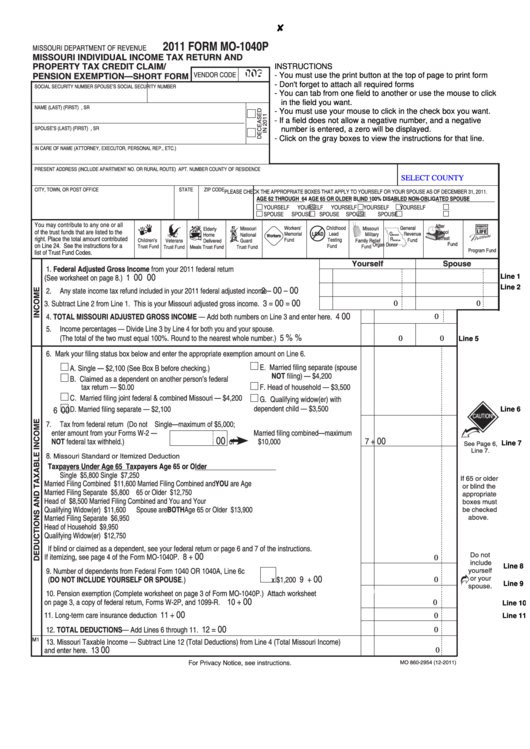 Form Mo-1040p - Individual Income Tax Return And Property Tax Credit Claim/pension Exemption - 2011 Printable pdf