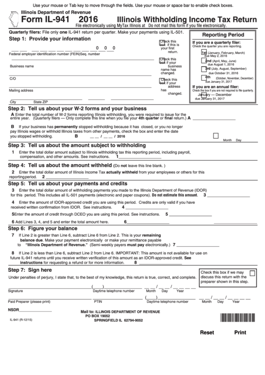 Fillable Form Il-941 - Illinois Withholding Income Tax Return - 2016 Printable pdf