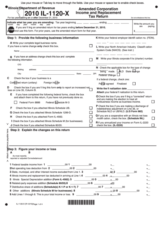 Fillable Form Il-1120-X - Amended Corporation Income And Replacement Tax Return - 2010 Printable pdf