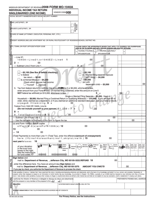 Form Mo-1040a Draft - Sample Individual Income Tax Return Single/married (One Income) - 2008 Printable pdf