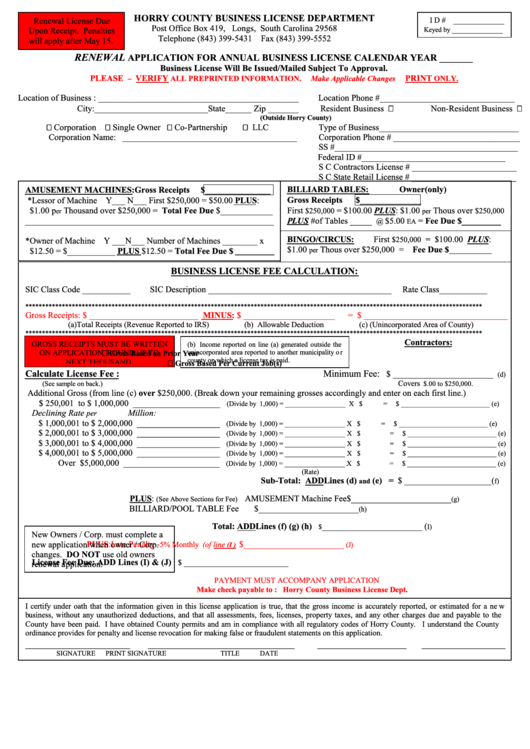 Renewal Application For Annual Business License Form - Horry County Business License Department Printable pdf