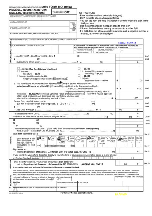 Fillable Form M0-1040a - Individual Income Tax Return Single/married (One Income) - 2010 Printable pdf