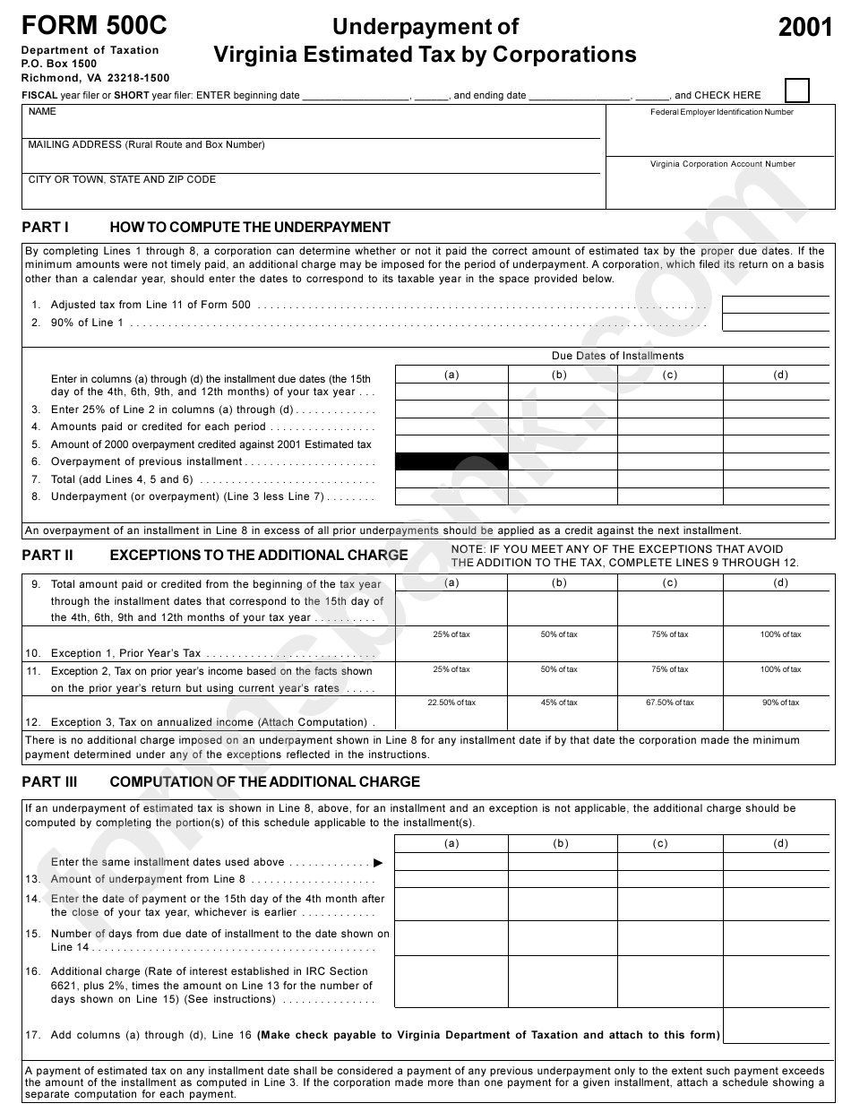 Form 500c - Underpayment Of Virginia Estimated Tax By Corporations - 2001