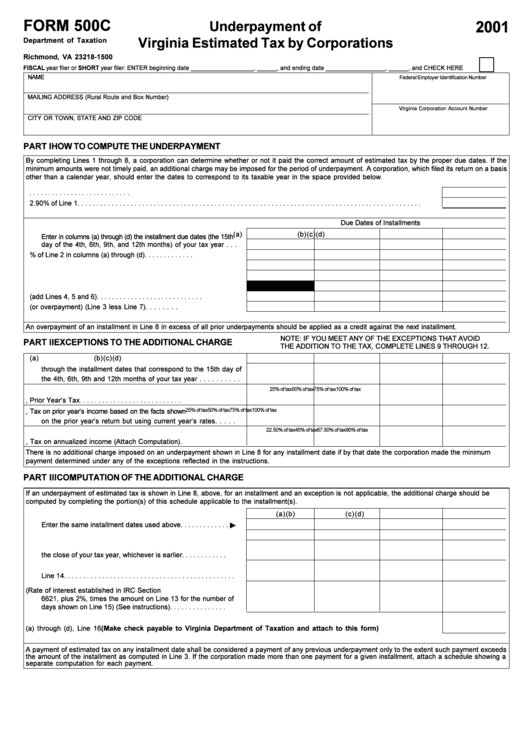 Form 500c - Underpayment Of Virginia Estimated Tax By Corporations - 2001 Printable pdf