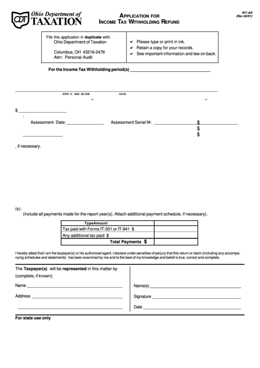 Fillable Form Wt-Ar - Application For Income Tax Withholding Refund - 2001 Printable pdf