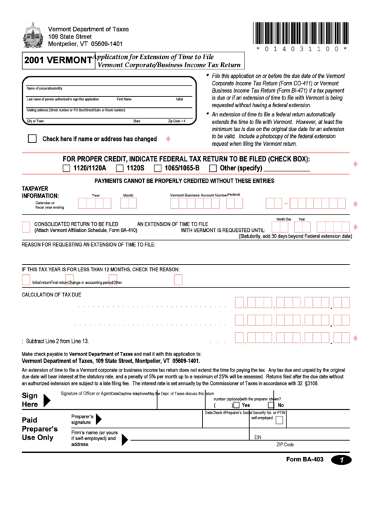 Form Ba-403 - Application Form For Extension Of Time To File Vermont Corporate/buisness Income Tax Return 2001 Printable pdf