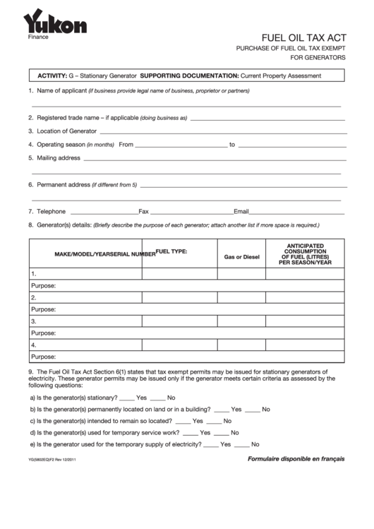 Fillable F.o.t. Application 5b/fuel Oil Tax Act/purchase Of Fuel Oil Tax Exempt For Generators Form Printable pdf