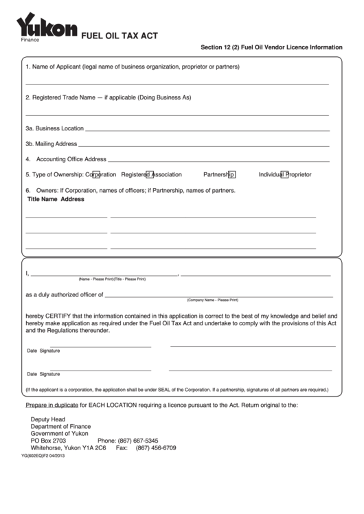 Fillable F.o.t. Application 2 Fuel Oil Tax Act Form Printable pdf