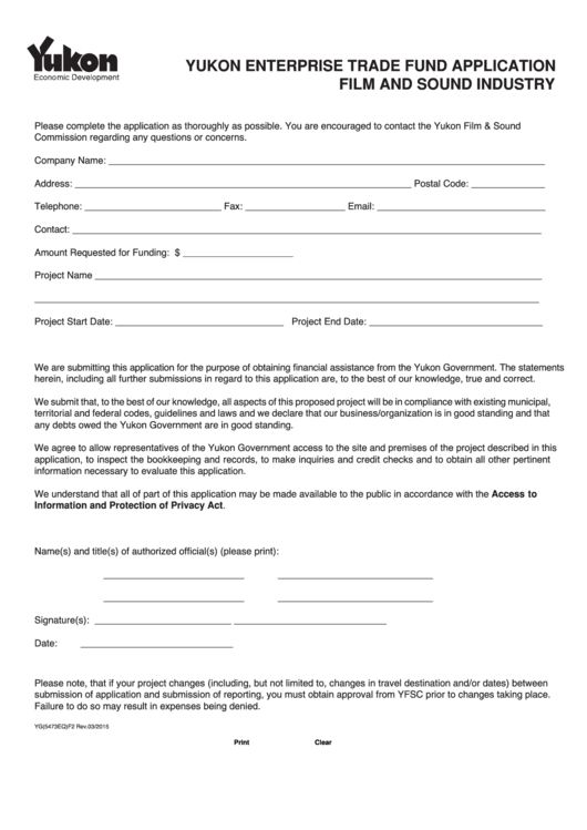 Fillable Form Yg(5473q) F2 - Yukon Enterprise Trade Fund Application Form/film Sound Industry Printable pdf