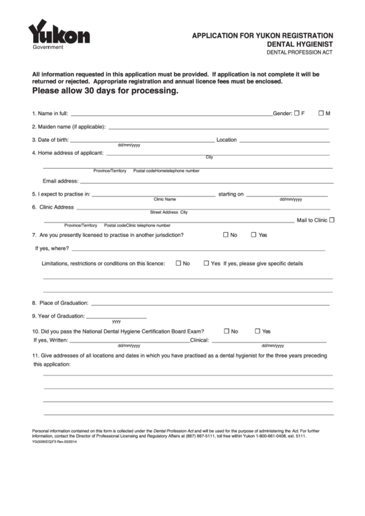 Fillable Form Yg(5095eq)f2 - Application For Yukon Registration Dental Hygienist/dental Profession Act Printable pdf