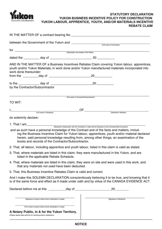 Fillable Statuory Declaration/yukon Business Incentive Policy For Construction/rebate Claim Form Printable pdf