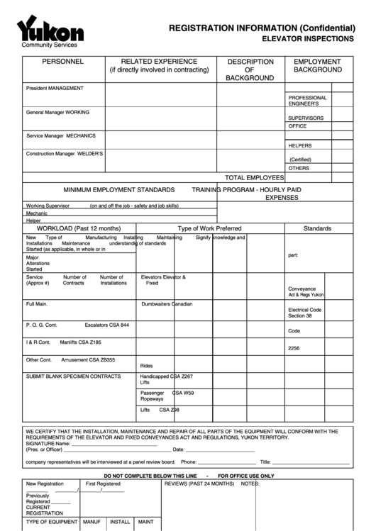 Fillable Registration Information (Confidential) Form/elevator Inspections Printable pdf