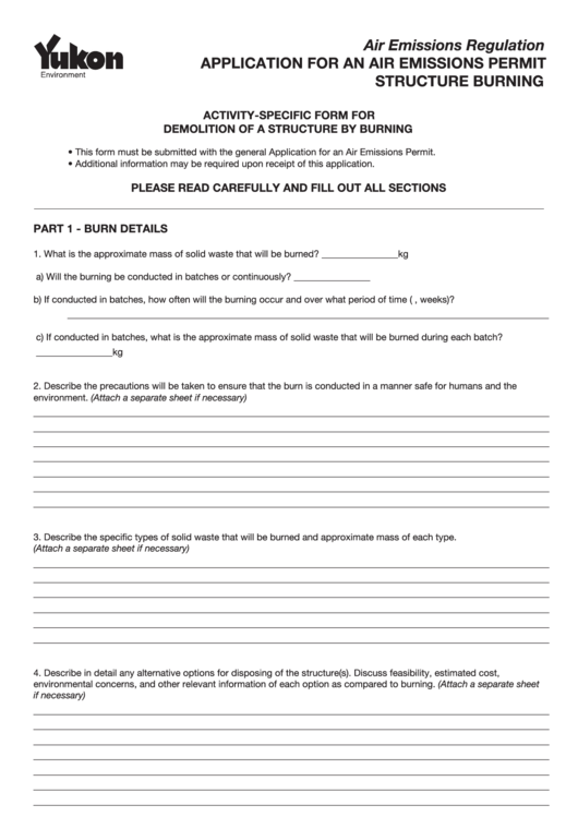 Fillable Application For An Air Emissions Permit Structure Burning Form Printable pdf