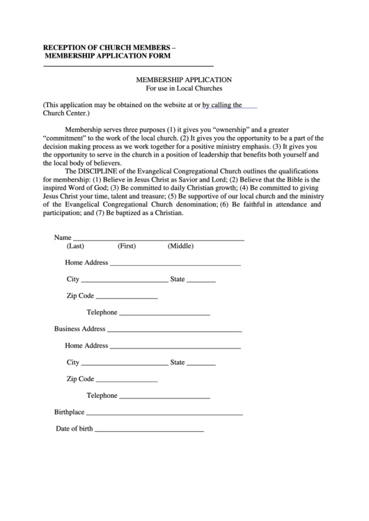 Reception Of Church Member - Membership Application Form Printable pdf
