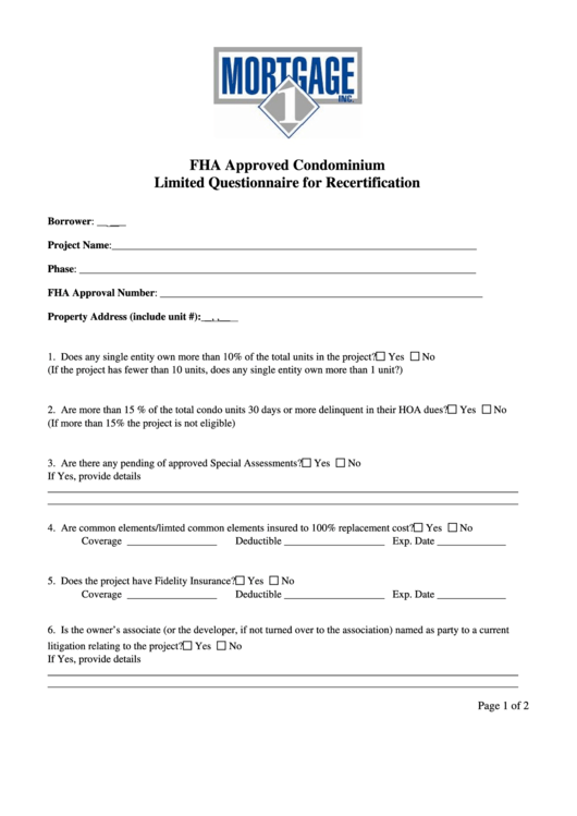 Fha Approved Condominium Limited Questionnaire For Recertification Form Printable pdf