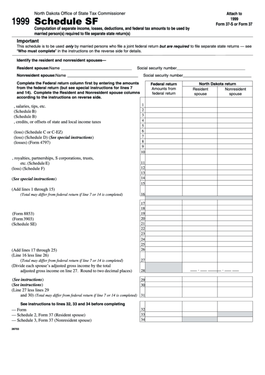 Form 37-S - Schedule Sf Computation Of Separate Income, Losses, Deductions, And Federal Tax Amounts To Be Used By Married Person(S) Required To File Separate State Return(S) Template (1999) Printable pdf