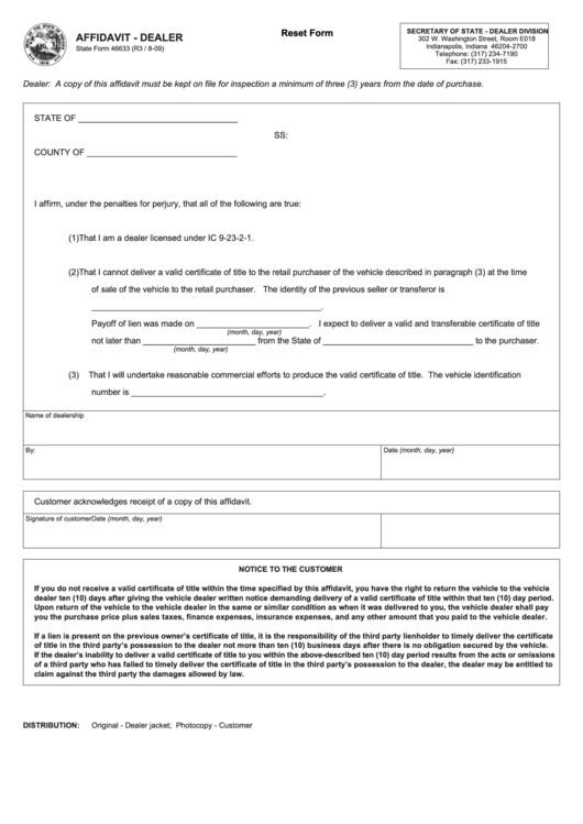 Fillable Form 46633 - Affidavit - Dealer Printable pdf