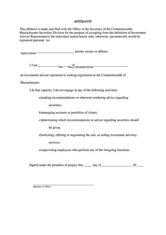 Exception From The Definition Of Investment Adviser Representative Affidavit Printable pdf