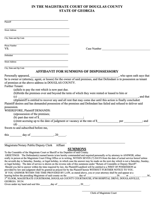 Affidavit For Summons Of Dispossessory Form Printable pdf