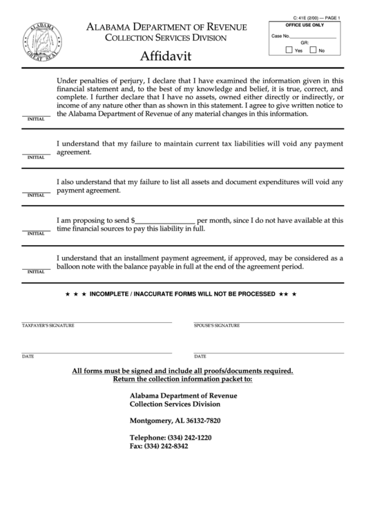 Affidavit Template - Alabama Department Of Revenue Printable pdf